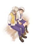  2boys arven_(pokemon) blush brown_eyes brown_hair collared_shirt comic_lo florian_(pokemon) hat highres holding_hands light_brown_hair mms_gh10 multicolored_hair multiple_boys necktie open_clothes open_mouth open_vest pants pokemon pokemon_sv purple_necktie purple_pants purple_shorts school_uniform shirt short_hair short_sleeves shorts sitting surprised two-tone_hair uva_academy_school_uniform vest yaoi yellow_vest 