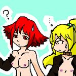  2girls blonde_hair brave_fencer_musashi breast_envy breasts bubbles female gingerelle lowres multiple_girls nanasyu nude oekaki red_hair 