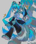  1girl absurdly_long_hair absurdres animal_ear_fluff animal_ears black_skirt blue_eyes blue_hair blue_nails commentary detached_sleeves english_commentary fang full_body furry furry_female grey_background grey_shirt hair_between_eyes hatsune_miku highres long_hair looking_at_viewer miniskirt nail_polish open_mouth pleated_skirt sainttufa shirt shoulder_tattoo simple_background skirt sleeveless sleeveless_shirt soles solo tail tattoo toenail_polish toenails twintails very_long_hair vocaloid zoom_layer 