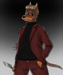 alternate_species anthro blonde_hair bottomwear brown_body brown_fur canid canine canis clothed clothing dobermann domestic_dog eyebrows fully_clothed fur furrification hair hand_in_pocket hi_res holding_knife holding_object jacket killing_stalking knife male mammal marblepaw oh_sangwoo pants pinscher pockets smile snout solo suit sweater tail topwear turtleneck whisker_spots