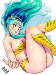  1girl animal_print bikini blush breasts green_hair highres horns kenken28937178 large_breasts long_hair looking_at_viewer lum oni oni_horns open_mouth smile solo swimsuit tiger_print urusei_yatsura yellow_eyes 