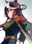  1girl animal_ears ascot brown_hair buttons cape closed_mouth commentary_request crossed_arms double-breasted earrings epaulettes highres horse_ears horse_girl jenshenya jewelry light_blush long_hair looking_at_viewer multicolored_hair purple_eyes red_cape side_cape single_earring single_epaulette smile solo streaked_hair symboli_rudolf_(umamusume) umamusume upper_body very_long_hair white_ascot 