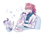 1boy animal aqua_eyes aqua_shirt cup dessert fate/grand_order fate_(series) food food_request fork fou_(fate) gloves high_collar holding holding_cup holding_fork id_card kanitama_(putyourhead) lab_coat lanyard light_smile looking_at_another male_focus medium_hair mug orange_hair plate ponytail romani_archaman shirt simple_background smile upper_body white_background white_gloves 