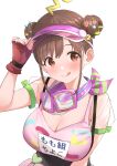  1girl ;q absurdres b1ack_illust blush breasts brown_hair cleavage double_bun dress fingerless_gloves fingernails gloves goggles goggles_around_neck hair_bun hand_on_headwear highres idolmaster idolmaster_shiny_colors large_breasts looking_at_viewer multicolored_clothes multicolored_dress nail_polish one_eye_closed red_gloves see-through see-through_sleeves simple_background smile solo sonoda_chiyoko tongue tongue_out upper_body white_background 