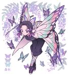  1girl absurdres animal_print black_hair black_jacket black_pants blue_butterfly bug butterfly butterfly_hair_ornament butterfly_print butterfly_wings closed_mouth demon_slayer_uniform flower full_body gradient_hair hair_ornament highres insect_wings jacket katana kimetsu_no_yaiba kochou_shinobu leaning_forward looking_at_viewer meremero multicolored_hair pants parted_bangs purple_butterfly purple_eyes purple_hair sandals short_hair smile solo standing sword weapon white_background wings wisteria 