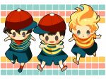  3boys backpack bag bandana baseball_cap black_hair blonde_hair blue_shorts blush_stickers hat hitofutarai looking_down lucas_(mother_3) male_focus mother_(game) mother_1 mother_2 mother_3 multiple_boys ness_(mother_2) ninten open_mouth orange_footwear pac-man_eyes red_bandana red_headwear red_socks running shirt shoes short_sleeves shorts sideways_hat socks solid_oval_eyes striped striped_shirt white_socks 