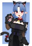  1girl absurdres aged_up animal_collar animal_ears animal_hands bell belt_collar black_dress blue_background blue_hair blush bow breasts cat_ears cat_paws cat_tail clothing_cutout collar commentary_request commission cowboy_shot darega_(nj3j_otaku) dress fake_animal_ears fake_tail fang gloves hair_intakes highres jingle_bell large_breasts len_(tsukihime) long_hair looking_at_viewer neck_bell open_mouth paw_gloves pointy_ears red_bow red_collar red_eyes shoulder_cutout skeb_commission solo tail tail_bow tail_ornament tsukihime 