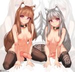  2girls animal_ears animal_penis bell blunt_bangs breasts brown_hair brown_thighhighs closed_mouth collar cum cumdrip erection full_body grey_hair highres holo kneeling knotted_penis likunea long_hair looking_at_viewer medium_breasts mother_and_daughter multiple_girls myuri_(spice_and_wolf) navel neck_bell nipples nude penis red_eyes smile spice_and_wolf tail thighhighs wolf_ears wolf_girl wolf_tail zoom_layer 