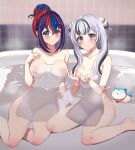  2girls absurdres alear_(female)_(fire_emblem) alear_(fire_emblem) alternate_hairstyle bath bathing black_hair blue_eyes blue_hair blush braid breasts closed_mouth crown_braid fire_emblem fire_emblem_engage hair_between_eyes heterochromia highres looking_at_viewer multicolored_hair multiple_girls nipples nude purple_eyes purple_hair red_eyes red_hair siblings sisters sommie_(fire_emblem) split-color_hair tara_(szzj7733) towel two-tone_hair veyle_(fire_emblem) wet_towel 