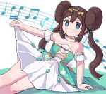  1girl arm_support bare_shoulders blush bright_pupils brown_hair closed_mouth clothes_lift collarbone commentary_request double_bun green_eyes hair_bun hand_up highres jewelry kutabireta_neko leaning lifted_by_self long_hair looking_at_viewer musical_note neck_ring official_alternate_costume pokemon pokemon_masters_ex rosa_(champion)_(pokemon) rosa_(pokemon) skirt skirt_lift smile solo staff_(music) tiara twintails white_pupils white_skirt 