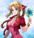  aerith_gainsborough aerith_gainsborough_(cosplay) alternate_costume blonde_hair blue_eyes blush bracelet breasts choker cleavage cloud cloudy_sky cosplay crossover final_fantasy final_fantasy_vii flower fusion hair_ribbon highres jewelry long_hair looking_at_viewer necklace nintendo open_mouth pointy_ears ponytail possessed princess_zelda ribbon sky smile spirit spirit_(super_smash_bros.) square_enix stoic_seraphim super_smash_bros. the_legend_of_zelda triangle triforce 