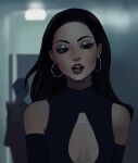  1girl animification black_hair commentary detached_sleeves dress earrings english_commentary euphoria_(2019) gittanart highres jewelry long_hair looking_to_the_side madeleine_perez necklace open_mouth pink_lips solo 
