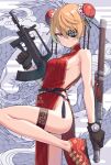  1girl assault_rifle black_gloves blonde_hair breasts bullpup bun_cover china_dress chinese_clothes commentary_request double_bun dragon dress eastern_dragon eyepatch gloves gun hair_between_eyes hair_bun highres holding holding_weapon leg_up looking_at_viewer medium_breasts no_panties original parted_lips pink_eyes qbz-95 red_dress red_footwear ribs rifle samaru_(seiga) shoes short_hair sideboob sleeveless sleeveless_dress solo thigh_strap trigger_discipline weapon 