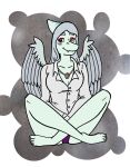 5_toes alpha_channel amber_(gem) amber_(material) amber_eyes anthro blue_body blue_scales bone_frill breasts cleavage clothed clothing dress_shirt eyeshadow fang_(gvh) feathered_wings feathers feet female frill_(anatomy) goodbye_volcano_high grey_body grey_feathers hair head_crest head_frill hi_res humanoid_feet jewelry looking_at_viewer makeup necklace panties plantigrade pterodactylus pterosaur purple_clothing purple_panties purple_underwear reptile scales scalie shirt silver_hair simple_background sitting smile snoot_game solo striped_frill theviktor toes topwear transparent_background underwear wings