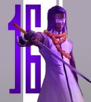  1boy bare_shoulders bleach cowboy_shot dark_skin dress elbow_gloves facing_viewer forehead gloves grey_background hand_up hieumay holding holding_sword holding_weapon katana lips male_focus nose number_background orange_scarf purple_theme scarf shinigami sleeveless solo sword tousen_kaname turtleneck two-tone_background very_dark_skin weapon white_blindfold white_dress zanpakutou 