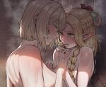  2girls bathing bathroom blonde_hair blush braid breasts closed_eyes closed_mouth couple dungeon_meshi elf falin_touden falin_touden_(tallman) green_eyes hair_around_ear highres holding_hands kugara4423 long_hair marcille_donato multiple_girls open_mouth pointy_ears same-sex_bathing shared_bathing short_hair showering smile tile_wall tiles yuri 