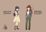  ahoge arms_behind_back artist_name black_hair breasts brown_hair casual commentary_request dog_tags hands_in_pockets hooded_dress kantai_collection kuma_(kantai_collection) long_hair long_pants medium_breasts multiple_girls pants shirt sketch translation_request turtleneck ushio_(kantai_collection) yua_(checkmate) 