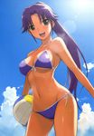  :d absurdres asuka_(dream_c_club_zero) ball bikini blue_bikini blue_sky breasts carrying_against_hip carrying_under_arm cleavage cloud contrapposto cowboy_shot day dream_c_club dream_c_club_(series) dream_c_club_zero dutch_angle from_below front-tie_bikini front-tie_top green_eyes groin halter_top halterneck highres holding holding_ball large_breasts lens_flare long_hair mole mole_under_eye morisawa_haruyuki navel open_mouth outdoors ponytail purple_hair scan side-tie_bikini sidelocks sky smile solo standing string_bikini swimsuit underboob upper_teeth volleyball wet 