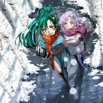  blue_eyes fingerless_gloves fire_emblem fire_emblem:_rekka_no_ken florina gloves green_eyes holding_hands jacket lyndis_(fire_emblem) multiple_girls ponytail scarf smile snow snowflakes tsuko_(25mnts) walking 