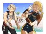  3boys 3girls absurdres armor ashelia_b&#039;nargin_dalmasca balthier basch_fon_ronsenburg beach black_pants black_vest blonde_hair bracer braid breasts brown_eyes brown_hair brown_vest chest_strap closed_eyes cowboy_shot cropped_vest crossed_arms dark-skinned_female dark_skin final_fantasy final_fantasy_xii fran_(ff12) highres igusaharu leather_armor medium_breasts multiple_boys multiple_girls one_eye_closed open_mouth palm_tree pants penelo rabbit_girl shirt short_hair shoulder_armor smile splashing swept_bangs tree twin_braids twitter_username vaan_(ff12) vest viera white_hair white_shirt 