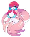  anthro bikini blue_eyes breasts clothing female fish hair halphelt marine navel open_mouth paz_(saane) pink_skin red_hair shark sharp_teeth simple_background swimsuit teeth thick_tail thick_thighs white_background 