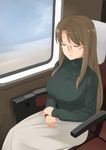  akemiho_tabi_nikki breasts brown_hair closed_eyes glasses kouno_hikaru large_breasts long_hair oribe_shiori solo sweater train_interior turtleneck 