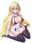  artist_name bikini_top black_legwear blonde_hair blue_eyes blush breasts cleavage cosplay elbow_gloves embarrassed fate/apocrypha fate/grand_order fate_(series) full_body gloves headgear jeanne_d'arc_(fate) jeanne_d'arc_(fate)_(all) jeanne_d'arc_alter_santa_lily jeanne_d'arc_alter_santa_lily_(cosplay) large_breasts legs long_hair looking_at_viewer no_shoes shadow simple_background sitting skirt solo thighhighs thighs undersized_clothes very_long_hair wariza white_background white_gloves yaman zettai_ryouiki 
