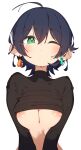  1girl belle_(zenless_zone_zero) black_shirt blue_hair bottomless breasts clothes_lift earrings green_eyes highres jewelry looking_at_viewer nipples one_eye_closed rasusurasu shirt shirt_lift short_hair simple_background solo underboob upper_body white_background zenless_zone_zero 