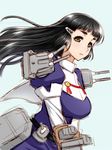  alternate_hairstyle black_hair breasts brown_eyes hair_down hair_ornament hairclip kantai_collection large_breasts long_hair long_sleeves looking_at_viewer machinery myoukou_(kantai_collection) puffy_long_sleeves puffy_sleeves r44 simple_background solo turret uniform 