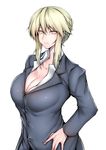  absurdres alternate_costume artoria_pendragon_(all) artoria_pendragon_(lancer_alter) black_jacket blonde_hair braid breasts buttons cleavage closed_mouth collarbone collared_shirt crown_braid dress_shirt fate/grand_order fate_(series) formal gggg hand_on_hip highres jacket large_breasts looking_at_viewer shirt short_hair sidelocks simple_background solo upper_body white_background white_shirt yellow_eyes 