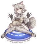  1girl :&lt; animal_ears animal_on_lap animal_print bare_shoulders belt black_footwear blush bow bowtie cat cat_ears cat_girl cat_on_lap cat_print cat_tail elbow_gloves fur_trim gloves gradient_gloves green_eyes grey_belt grey_bow grey_bowtie grey_fur grey_gloves grey_hair grey_kimono grey_thighhighs hair_between_eyes highres japanese_clothes japari_symbol kemono_friends kimono kosai_takayuki multicolored_hair obi on_lap pillow print_gloves print_kimono print_thighhighs sandals sash short_hair short_kimono sidelocks solo tail thighhighs tsushima_leopard_cat_(kemono_friends) zettai_ryouiki 