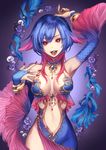  air_bubble animal armpits bare_shoulders beads blue_hair bracer breasts bridal_gauntlets bubble center_opening commentary_request cowboy_shot crystal detached_collar detached_sleeves eyelashes fins fish gem hair_flaps in_mouth jewelry koushi_rokushiro looking_at_viewer medium_breasts multicolored_hair navel original personification pink_hair purple_background red_eyes ring scales skin_tight slit_pupils stomach two-tone_hair 