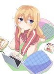  bag barefoot blonde_hair blue_eyes blush book chips computer food food_in_mouth gabriel_dropout jacket laptop leafy_(kitsuneya) long_hair long_sleeves looking_at_viewer messy_hair mouth_hold pillow potato_chips simple_background sitting solo tenma_gabriel_white track_jacket very_long_hair wariza white_background 