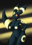  2016 anthro anthrofied areola big_breasts black_fur breasts eeveelution english_text female fur glowing hand_on_butt huge_breasts latiar navel nintendo nipples nude pok&eacute;mon pok&eacute;morph pussy raised_tail red_eyes solo text umbreon video_games watermark wide_hips yellow_fur yellow_nipples yellow_pussy 