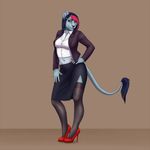  anthro bodyxcount clothed clothing dress feline female footwear hair high_heels legwear lion looking_at_viewer mammal midriff red_hair red_shoes shoes simple_background solo standing 