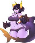  abs anthro big_hands black_sclera bra breasts cleavage clothed clothing female fish freckles hair halphelt horn marine midriff navel nes_(halphelt) purple_skin shark simple_background sports_bra thick_tail thick_thighs underwear white_background 