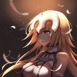  armor bare_shoulders blonde_hair blue_eyes breasts capelet cleavage detached_sleeves falling_feathers fate/apocrypha fate/grand_order fate_(series) feathers headpiece jeanne_d'arc_(fate) jeanne_d'arc_(fate)_(all) kittika_thaworn large_breasts light_particles long_hair looking_away open_mouth purple_eyes solo white_feathers 