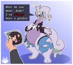 after_transformation ambiguous_gender antennae_(anatomy) belt bottomless clothed clothing com50c dragon duo english_text female feral generation_6_pokemon goodra holding_object human implied_transformation mammal memory_modification mythological_creature mythological_scalie mythology nintendo open_mouth partially_clothed personality_change photo pokemon pokemon_(species) purple_body purple_skin scalie simple_background slime speech_bubble text thick_thighs torn_clothing unaware