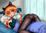  alisa_southerncross animal_ears ass bed black_legwear body_pillow cat_ears crotch_seam crow_bone curtains hair_between_eyes hairband highres hospital_bed keroro_gunsou long_hair looking_back low_twintails open_mouth orange_hair panties panties_under_pantyhose pantyhose red_eyes school_uniform skirt skirt_lift solo straddling sweater thighband_pantyhose twintails underwear 