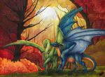  2016 claws detailed_background dragon duo female feral forest grass horn male membranous_wings natoli nude pregnant smile standing traditional_media_(artwork) tree wings 