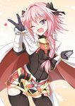  ;d astolfo_(fate) black_legwear blush braid cape commentary_request fang fate/apocrypha fate_(series) fur-trimmed_cape fur_trim garter_straps gauntlets hair_ribbon heart long_hair looking_at_viewer male_focus one_eye_closed open_mouth otoko_no_ko pink_hair purple_eyes ribbon sayossa_(pak-front) single_braid smile solo thick_thighs thighhighs thighs v 