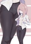  absurdres beige_background black_legwear breasts caibao food_print hair_over_one_eye highres little_witch_academia long_sleeves looking_at_viewer medium_breasts multiple_views mushroom_print no_bra open_clothes open_shirt pale_skin panties panties_under_pantyhose pantyhose pink_hair print_panties red_eyes shirt standing sucy_manbavaran underwear white_background zoom_layer 