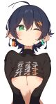  1girl belle_(zenless_zone_zero) black_shirt blue_hair bottomless breasts clothes_lift earrings green_eyes highres jewelry looking_at_viewer nipples one_eye_closed rasusurasu revision shirt shirt_lift short_hair simple_background solo underboob upper_body white_background zenless_zone_zero 