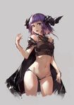  absurdres bangs bare_shoulders black_panties blunt_bangs breasts cape commentary_request crop_top cropped_legs deel_(rkeg) dragon_girl dragon_horns fang gorget green_eyes grey_background highres horns lowleg lowleg_panties navel original panties purple_hair short_hair small_breasts solo underwear 