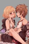  1girl :q akari_seisuke assassin_(granblue_fantasy) blonde_hair blush breasts brown_eyes brown_hair cleavage covered_nipples djeeta_(granblue_fantasy) eye_contact eyebrows_visible_through_hair gran_(granblue_fantasy) granblue_fantasy grey_background heart heart-shaped_pupils hetero legs looking_at_another nose_blush off_shoulder short_hair simple_background sitting small_breasts sweat symbol-shaped_pupils tongue tongue_out undressing 