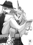 1girl anya_melfissa barefoot collarbone crossed_legs greyscale gun handgun hat highres holding holding_gun holding_weapon hololive hololive_indonesia jacket landacdeus long_hair looking_at_viewer monochrome naked_jacket revolver sitting trigger_discipline virtual_youtuber weapon white_background 