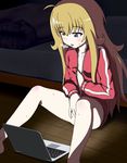  ahoge bed blonde_hair blush body_blush breath collarbone commentary_request computer dark_room fingering gabriel_dropout grabbing_own_breast hair_between_eyes jacket laptop long_hair long_sleeves marugen masturbation on_floor open_clothes open_jacket open_mouth purple_eyes self_fondle sitting solo sweat tenma_gabriel_white track_jacket very_long_hair wooden_floor 