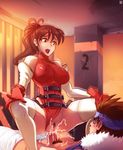  1boy 1girl :d belt breasts brown_eyes brown_hair clitoris cum cum_in_pussy detached_sleeves erect_nipples female g.a.s.p!!_fighters&#039;_nextream girl_on_top gloves hair_ribbon highres hiyu_serina hmage konami large_breasts leotard leotard_aside long_hair motion_blur mound_of_venus open_mouth penis ponytail pubic_hair pussy pussy_juice sex solo_focus spread_legs straddling thighhighs trembling uncensored vaginal 