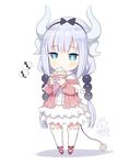  1girl 2017 artist_name black_bow black_ribbon blue_eyes blue_hair blush bow capelet capriccio center_frills chibi crepe dated dragon_horns dress eating eyebrows_visible_through_hair food full_body hair_ribbon head_tilt heart holding holding_food horns kanna_kamui kobayashi-san_chi_no_maidragon long_hair long_sleeves low_twintails number pink_shirt red_footwear ribbon shadow shirt shoes signature solo speech_bubble standing tail thighhighs twintails very_long_hair white_background white_dress white_legwear zettai_ryouiki 
