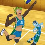  ball chespin clothing froakie fuze gym invalid_tag jumping male nintendo pok&eacute;mon sport stomach uniform video_games volleyball 